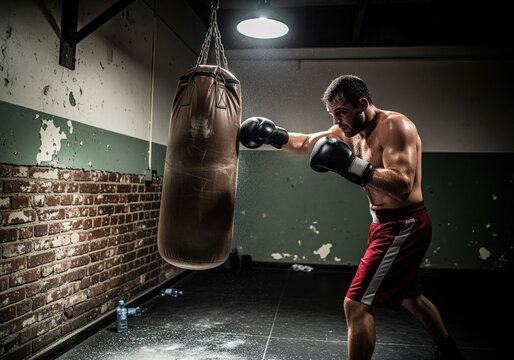 Intense low light photograph of a sweaty boxer training with a punching bag