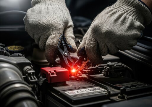 Intense close up of mechanic hands connecting car battery terminal creating a spark