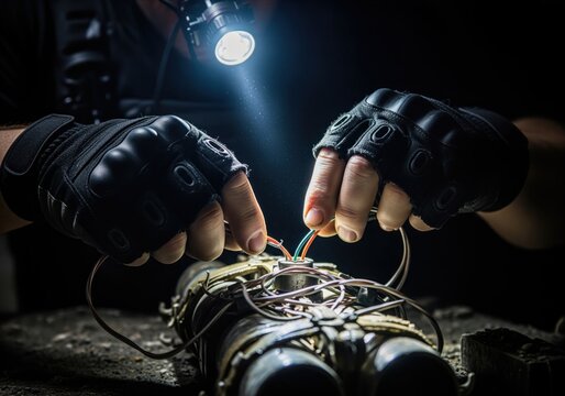 Gloved hands of a demolitions expert defusing an explosive device in darkness