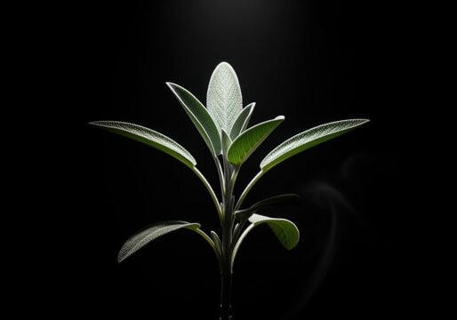 Dramatic macro photograph of a fresh sage sprig isolated on a stark black background