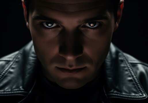 Intense gaze of a serious man in a leather jacket under dramatic low key lighting