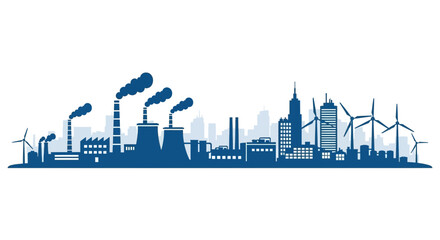 Obraz premium Silhouette illustration of a city skyline featuring factories with smoking chimneys alongside wind turbines, representing energy production and urban landscape.