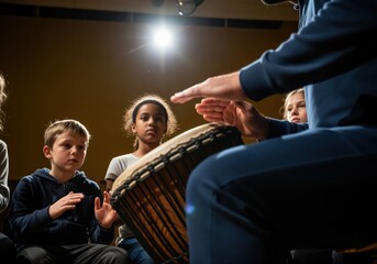 Focused children learning rhythm from a teacher playing a traditional djembe drum