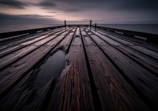 Dark, wet wooden pier extending over the sea under a dramatic twilight sky