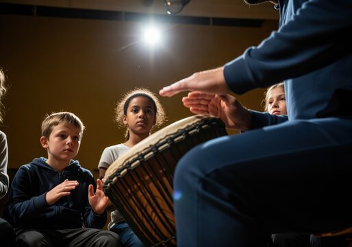 Focused children learning rhythm from a teacher playing a traditional djembe drum