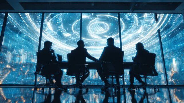 Risk assessment specialists evaluating potential business threats using AIpowered tools discussing risk mitigation and contingency plans in a hightech conference room.