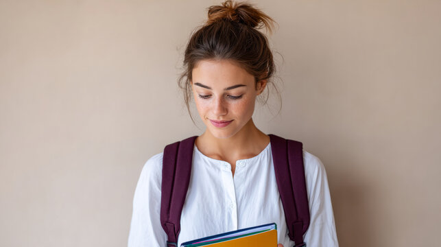 Teen girl ready for back to school with books and backpack in casual attire