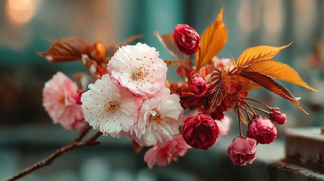 Pink and red flowers bloom on a branch against a blurred background.