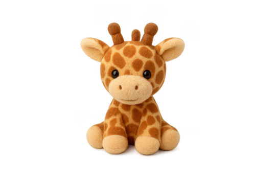 Cute spotted giraffe plush toy sitting transparent background