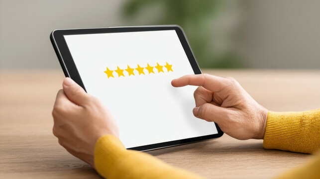 Digital feedback concept with five star rating on tablet display