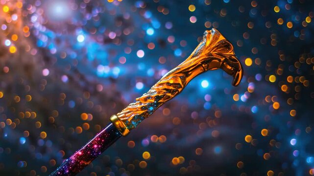Ornate mystical staff against vibrant, starry background