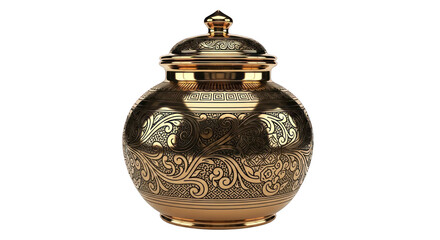 Elegant Bronze Urn with Intricate Floral Design on White Background.