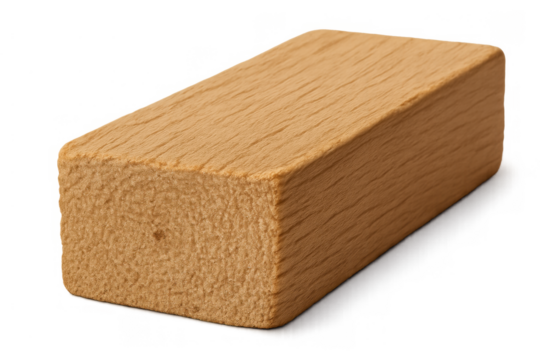 Wooden block highlighting natural wood grain texture and light brown color, isolated on a transparent background