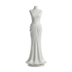 White evening gown displayed on a headless mannequin with elegant draping and a structured base isolated on a black background