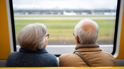 Journey to the destination scene - scenic train window view with elderly passengers