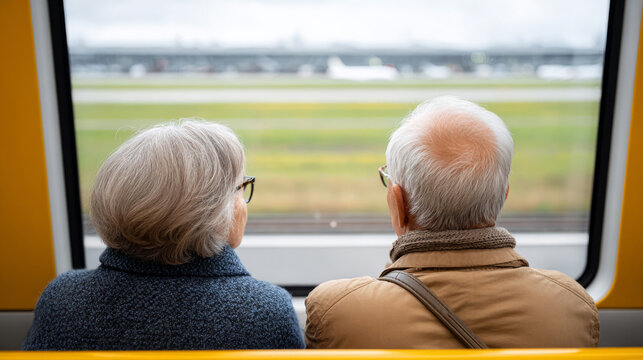 Journey to the destination scene - scenic train window view with elderly passengers