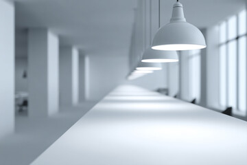 Contemporary Office Interior with Extended Desk Layout and Perspective Depth Showcasing Collaborative Work Environment and Productivity