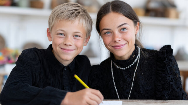 Heartwarming connection: boy with down syndrome and friend sharing a moment - Powered by Adobe