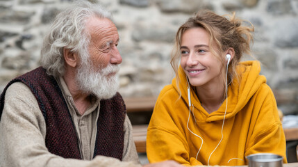 Unlikely friendship scene: elderly man in traditional attire sharing a moment with young woman outdoors