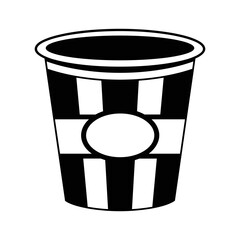 Black and white striped popcorn bucket with blank oval label