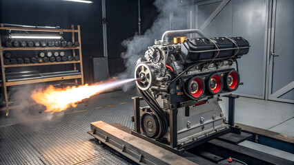 High-speed photo of a performance engine on dyno test stand with exhaust flame, heat haze, motion blur, and raw power.

