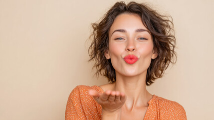 Celebrating world kiss day - woman in peach blouse blowing a kiss for holiday greetings