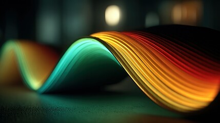Abstract colorful wave form on a dark surface with blurred background.