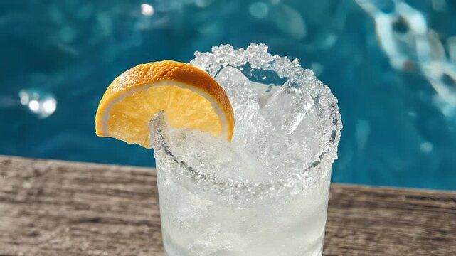 Close up of a cocktail with ice and an orange slice sitting on a wooden surface near a pool area