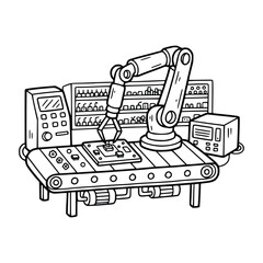 Automated Robotic Arm Assembling Circuit Board on Conveyor Belt.