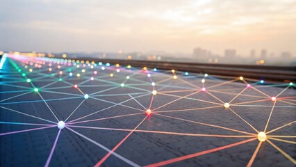 A vibrant array of colorful lights forms a geometric pattern on a surface, creating a visually striking and futuristic scene during dusk.