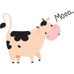 Cartoon illustration of a pale pink cow with black spots saying Moo on a transparent background