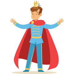 Cartoon illustration of a proud young prince in a blue suit red cape and golden crown with arms outstretched and eyes closed in appreciation on a transparent background