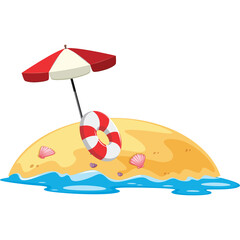 Cartoon Island Beach Scene With Red And White Umbrella And Lifebuoy Surrounded By Blue Water And Seashells On Sandy Shore