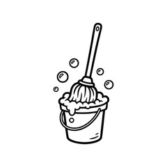 Mop and Bucket Illustration Cleaning Supplies and Household Chores.