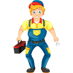 Cartoon Male Mechanic Wearing Blue Overalls Yellow Shirt Red Hat Holding Toolbox and Wrench with Blue Eyes and Smiling