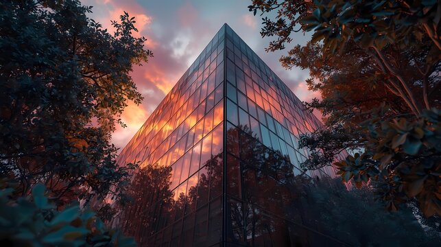 Glass Building Sunset Reflection Modern Architecture. - Powered by Adobe