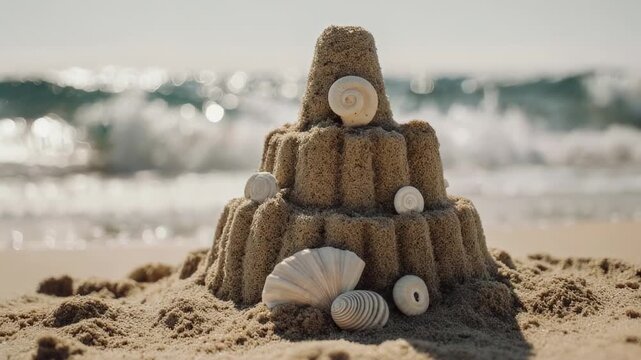 A sandcastle decorated with seashells on a beach with the ocean in the background on a sunny day