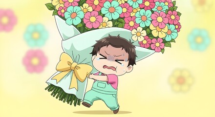 a tiny character struggles to carry a bouquet bigger than themselves, wobbling comically
