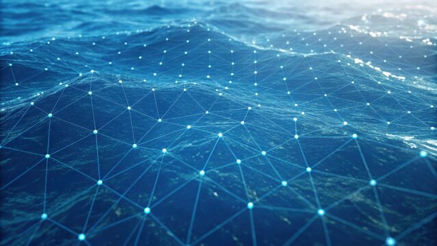 A digital representation of ocean waves, overlaid with a network of interconnected points, symbolizing technology and connectivity in marine environments.