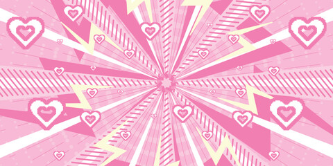 Pink Love Heart Pixelated Radial Background with Lightning Bolts and Stripes