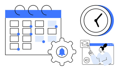Calendar with marked dates, clock, notification gear with bell, and person attending an online class. Ideal for time management, education, organization, reminders, productivity scheduling