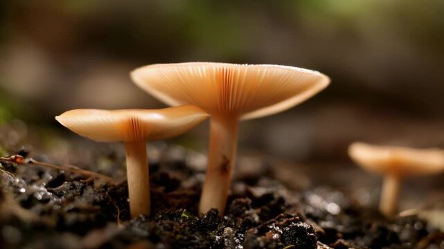 Delicate wild fungi with visible gills emerging from damp soil in a natural woodland setting