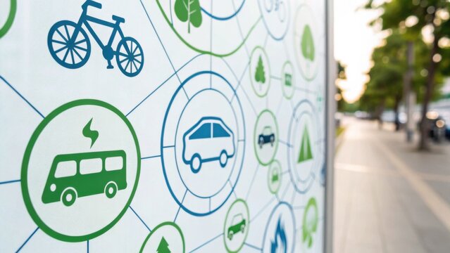 A visual representation of transportation icons, including bicycles, cars, and buses, interconnected with nature elements, emphasizing sustainable mobility.