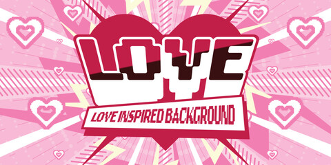 Retro Style Love Inspired Banner with Pink Pixel Heart Radial Background Editable Text
