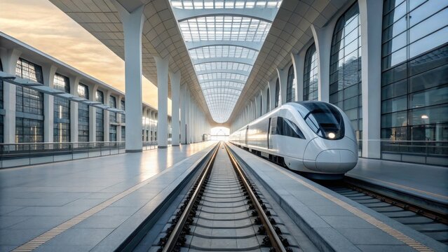 A modern train awaits departure in a sleek, spacious station, characterized by its minimalist design and expansive glass architecture.