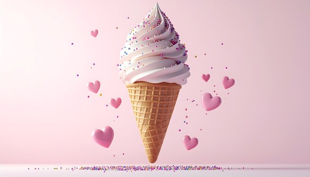 3D pastel clay-style ice cream cone floating in mid-air with candy sprinkles and a small heart, cute whimsical dessert concept. - Powered by Adobe
