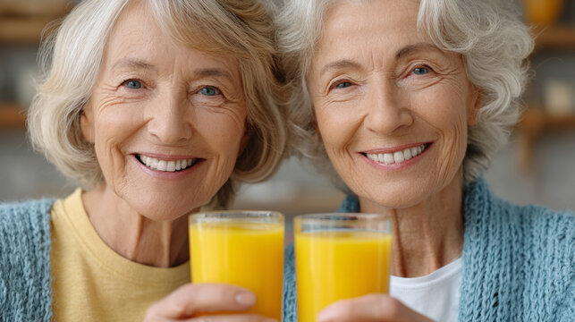 Joyful companionship of senior women enjoying refreshing beverages together