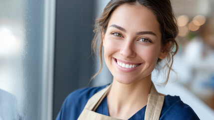 Professional cleaner smiling confidently indoors perfectly equipped for a spotless home