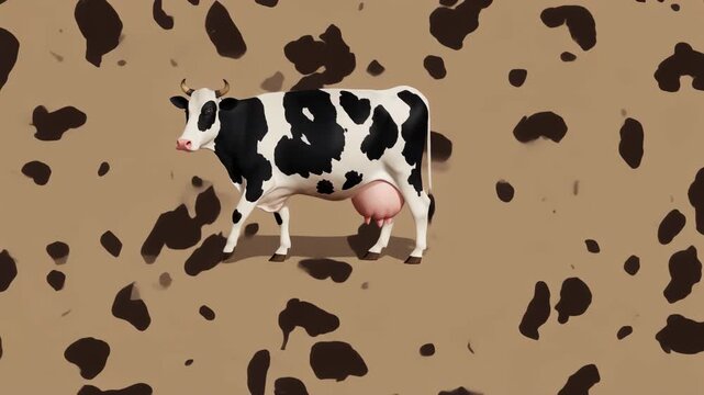 A black and white Holstein dairy cow with a full udder stands on a brown spotted background.