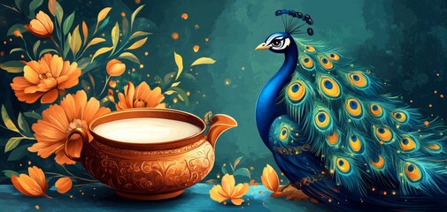 Happy Krishna Janmashtami concept. Pot with milk, bansuri and peacock feathers on blue background. Traditional cartoon holiday greeting card	
